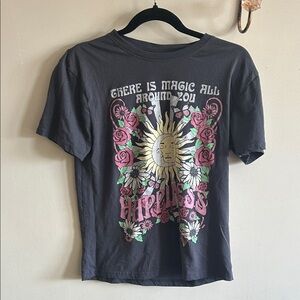 Graphic Sun & Roses Tee - Black with Pink, Yellow & Green